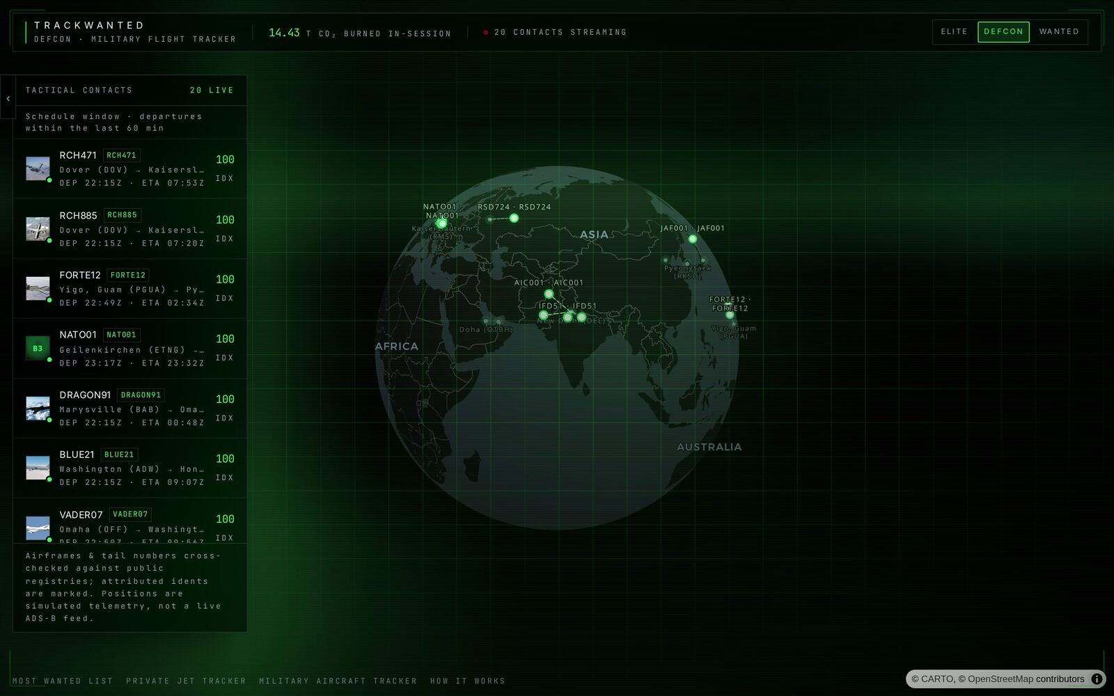 Radar-green globe tracking military transport and command aircraft
