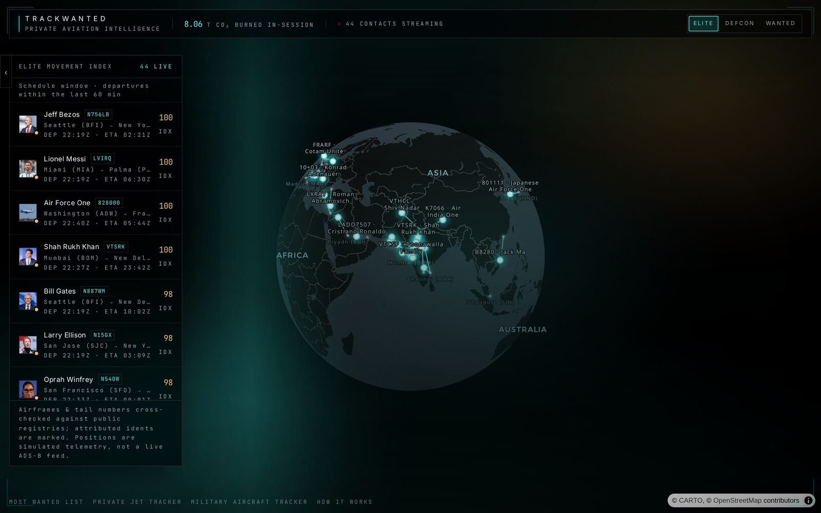 3D globe with private jet tracks, tail numbers and departure times